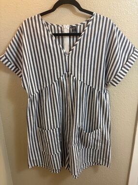 Striped V-Neck Short Sleeve Dress - Blue & White